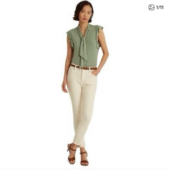 Lauren Ralph Lauren Sage Green Tie Neck Blouse - Picture 2 of 9